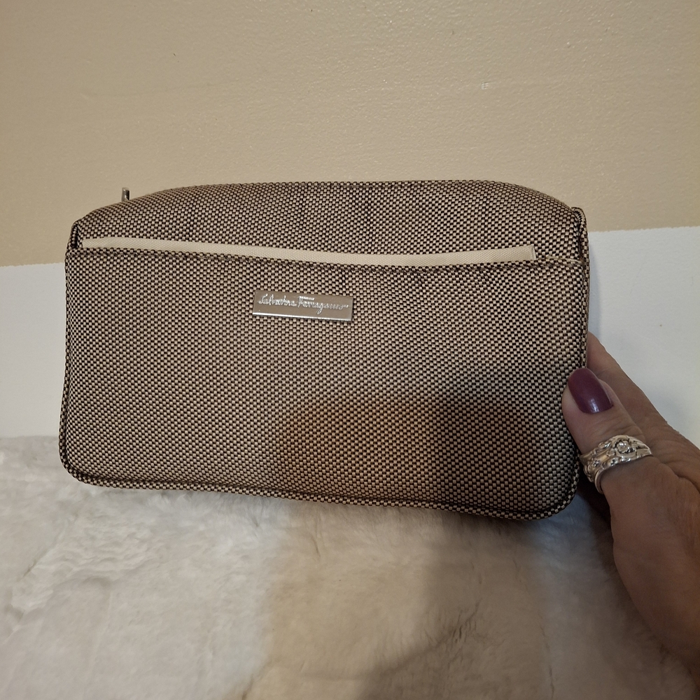 Salvatore Ferragamo Brown and Cream Clutch Tolitries Bag